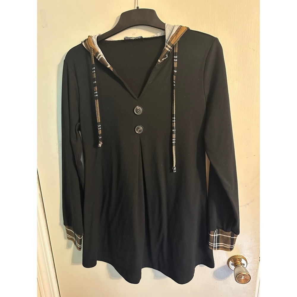Lotusmile Hooded Tunic Hoodie Plaid Trim Long Sleeve Casual‎ Black Woman Medium